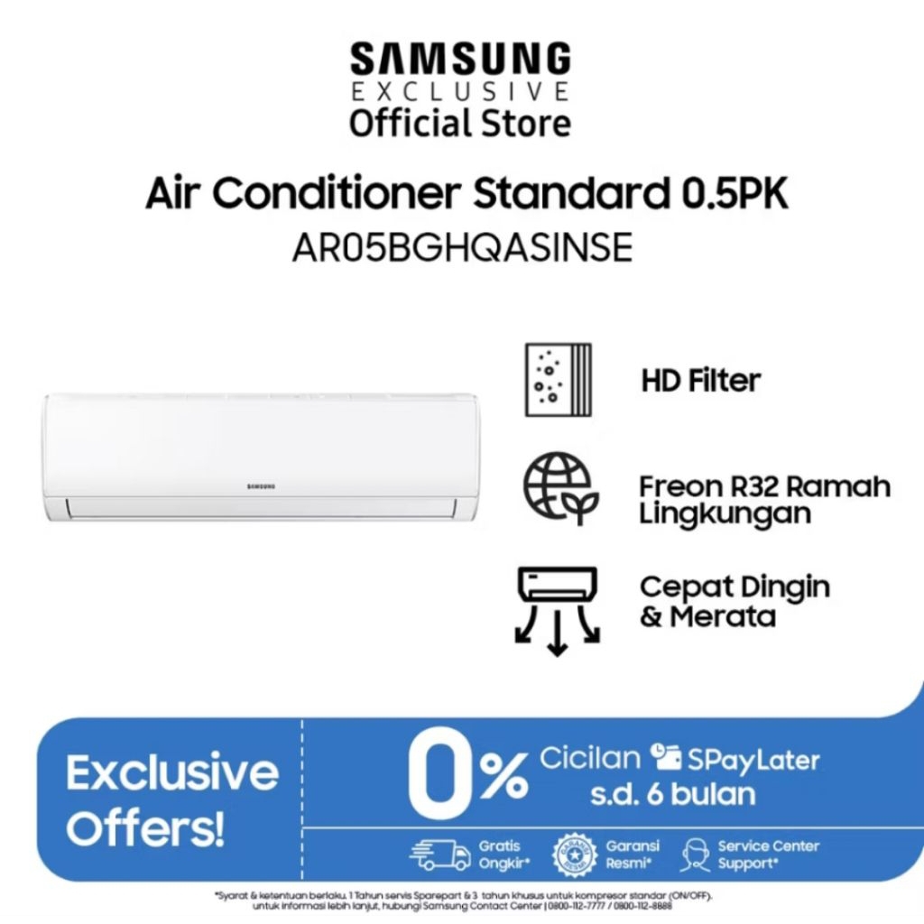AC Samsung 1/2 pk R32 daya listrik 350 Watt hemat