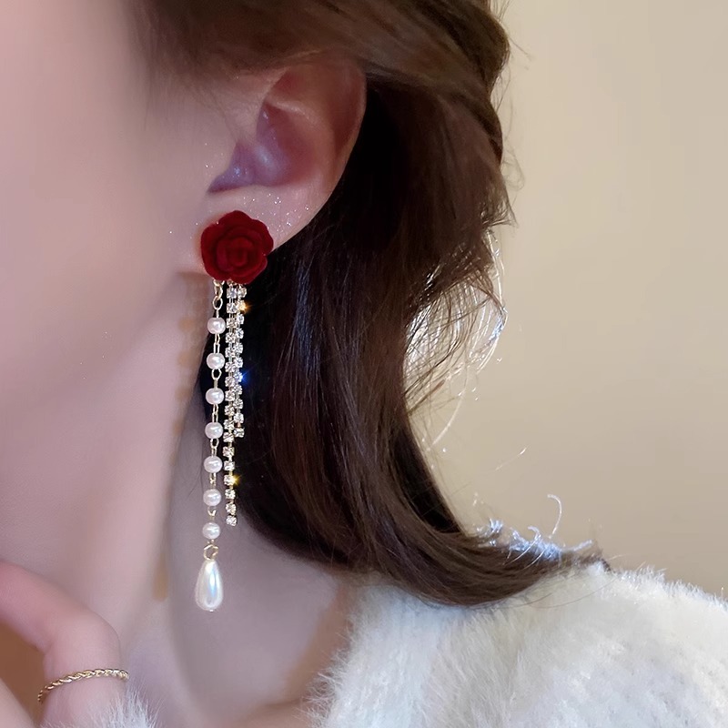 Anting Juntai Bunga Merah Anting Pesta Aksesoris Wanita Perhiasan Wanita AT744 / Anting Pesta A1168
