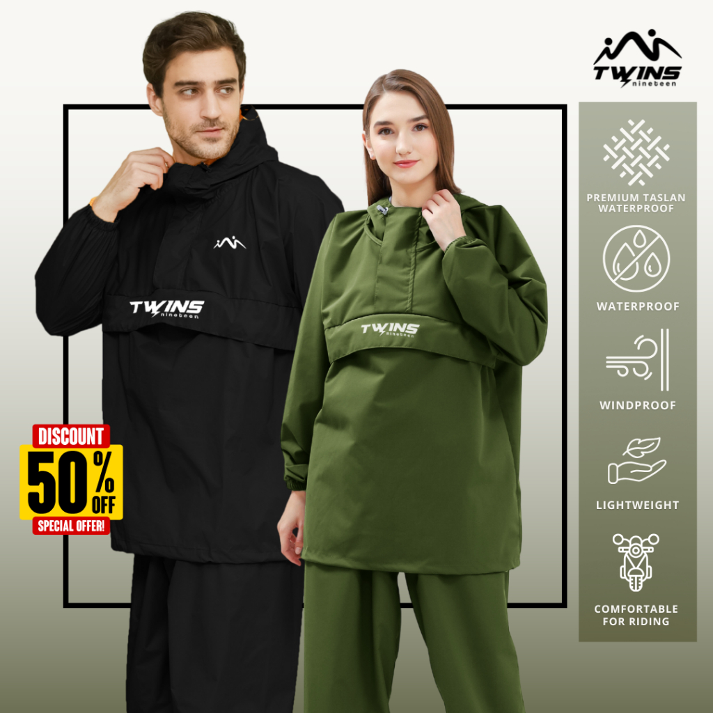 Jas Hujan TWINS19 Saku Kangguru Pria Wanita Anti Air Bahan Taslan