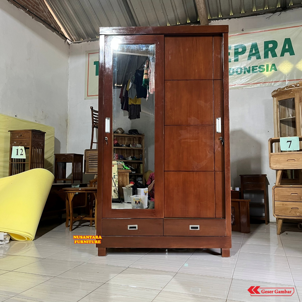 Lemari Pakaian Kayu Jati 2 Pintu Sliding Kaca Cermin Minimalis dengan Laci - Lemari Baju Solid Premi