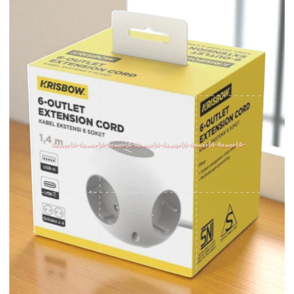 Krisbow 6outlet Extension Cord 1.4m Kabel Ekstensi 4Lobang Colokan Model Globe Bulat Around Dengan U