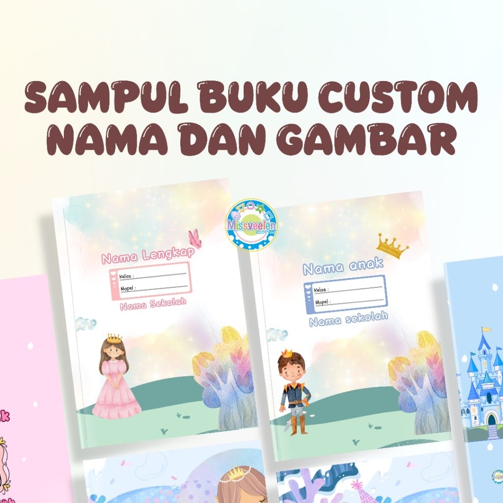 

Sampul buku 1 lembar custom nama dan gambar tema princess prince mermaid anak