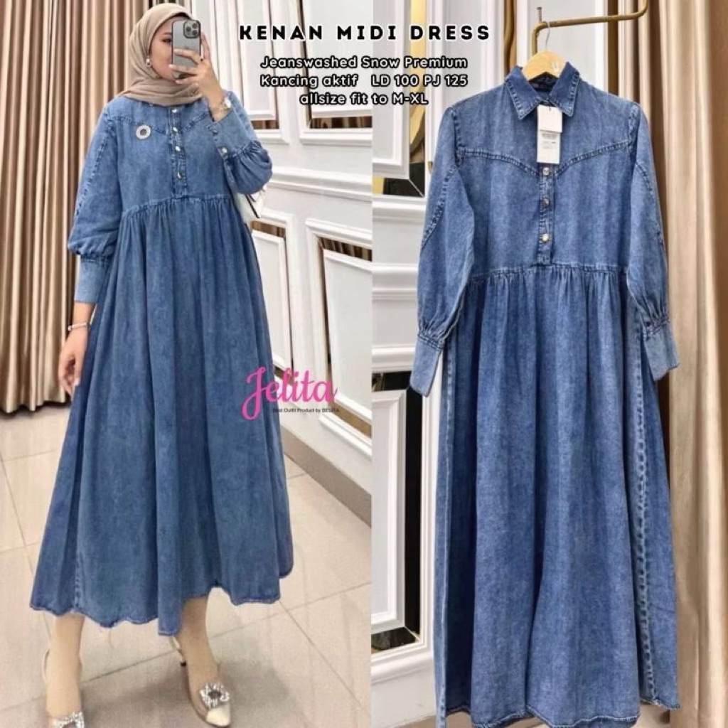 Gamis Jeans Jumbo Tasya Midi Dress Gamis Jeans Tali Serut Premuim Busui Terlaris 2025
