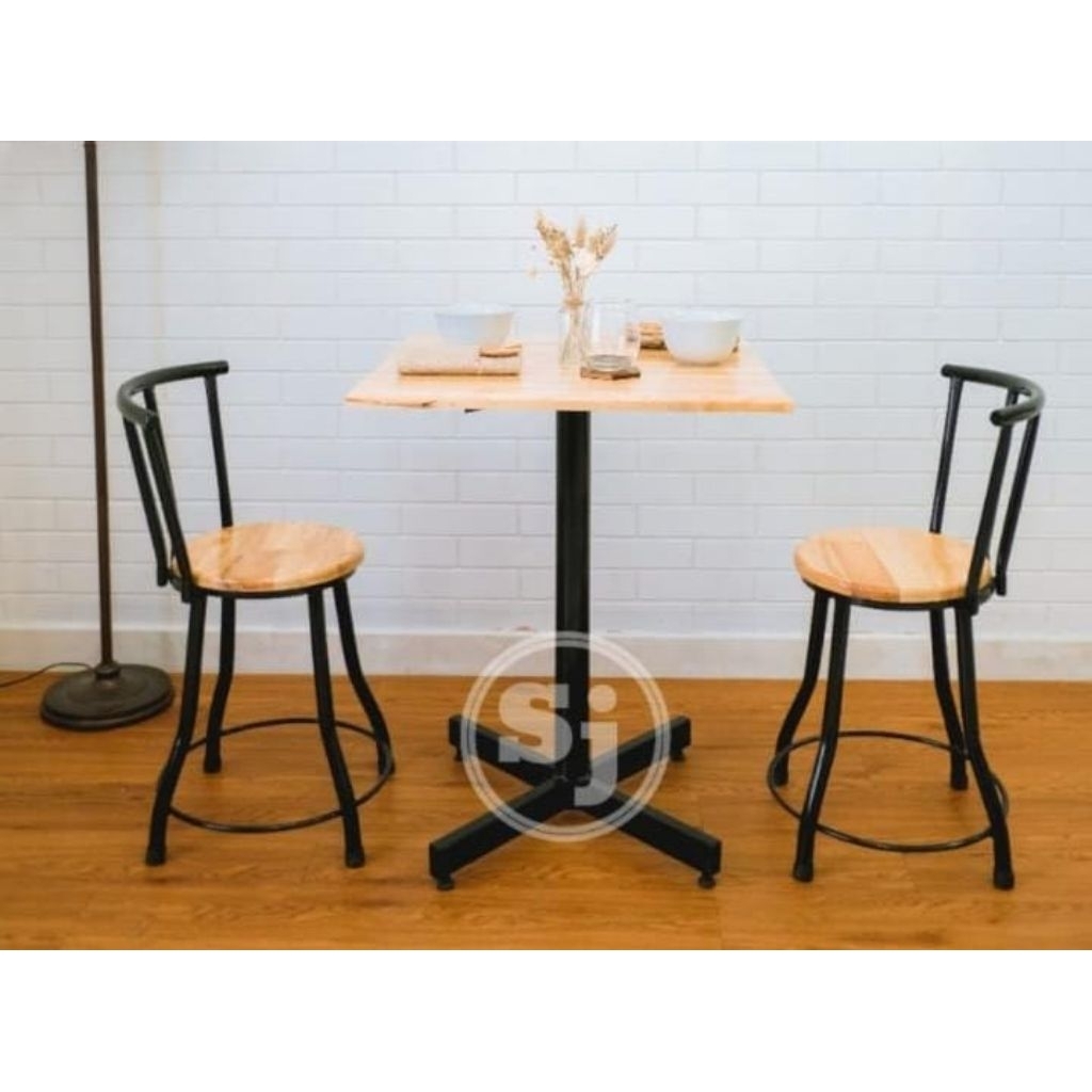 Meja Cafe Kayu Asli - Kaki Besi - Meja 60x60 - Set 2kursi 1 meja