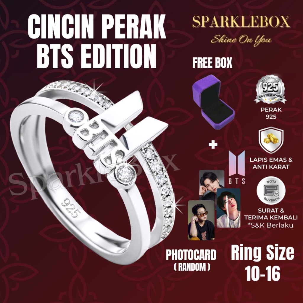 Cincin Perak BTS Asli Perak 925 Lapis Emas Putih / Cincin Perak Wanita