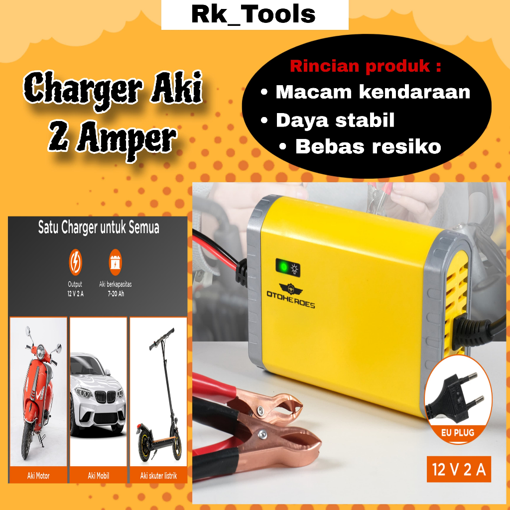 Charger Aki Mobil Motor Lead Acid 12V 2A Cas Aki Basah dan kering untuk Motor Dan Mobil