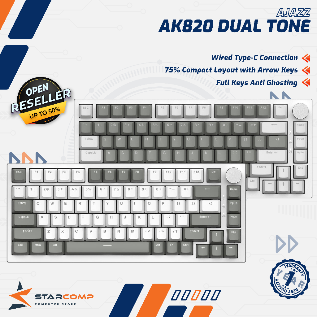 Ajazz AK820 Dual Tone 75% Mechanical Keyboard Wired White Backlight Grey Keycaps