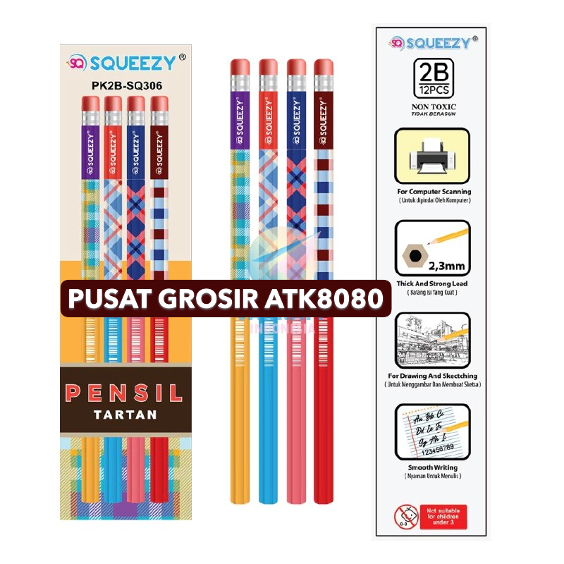 

[PG-ATK] JUAL (2 Pcs) Pensil Kayu Tulis Komputer Ujian Test Scoring 2B SQUEEZY Tartan Warna Warni.