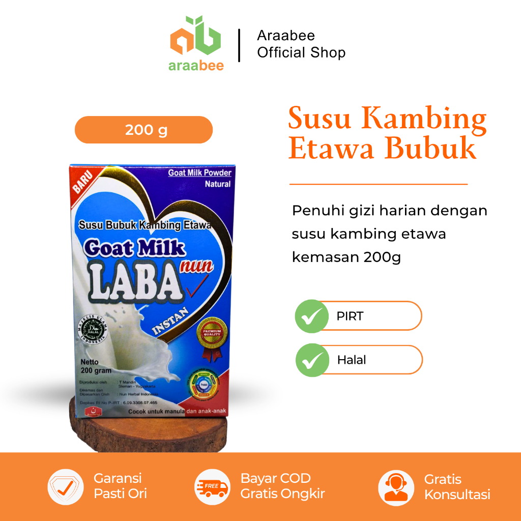 

Susu Kambing Etawa Bubuk Laba nun Susu Tinggi Kalsium untuk Tulang & Gigi Anak dan Lansia 200gr
