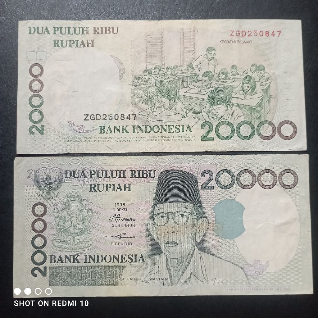 uang kertas 20000 rupiah kihajar 1998 bekas asli