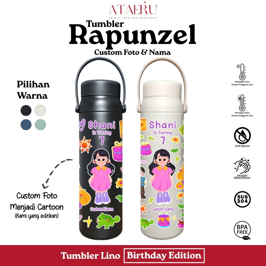 Tumbler Rapunzel Birthday Anak Botol Minum Custom Foto Custom Nama