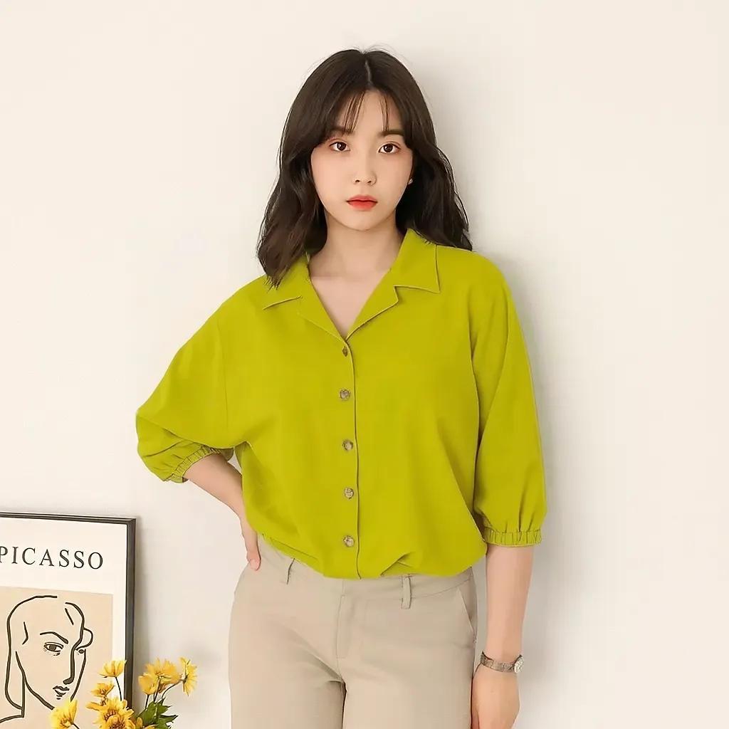 Atasan Kemeja Crop Wanita Model Karet Pinggang Plus Lengan Karet Terbaru Viral