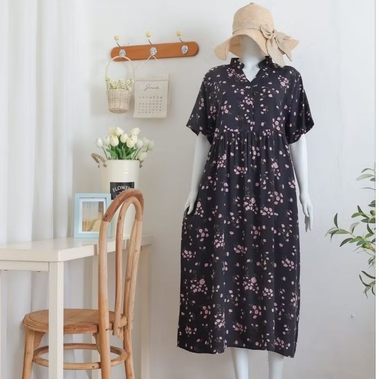 HD22 Daster Panjang Cantik Lengan Pendek kerah Shanghai Rayon Viscose Premium Adem Lembut by Miss Is