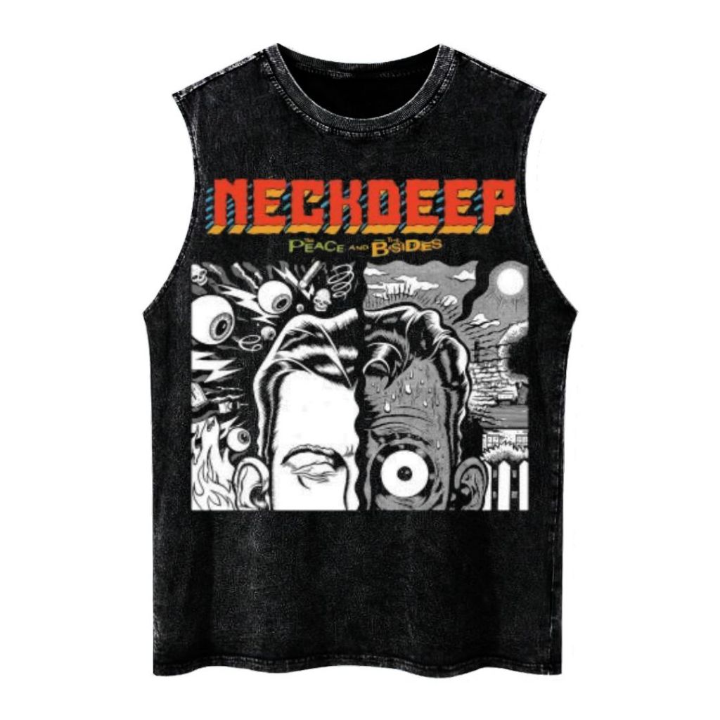 Psycho Crucify "Neckdeep" Sleeveless Oversized T-Shirt | Stone Wash | Kaos Oversize | Vintage | Atas