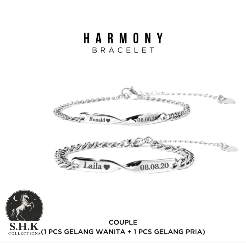 Harmony Bracelet - Gelang Couple Custom Nama Titanium Anti Karat Gelang Couple Silver Gelang Wanita 