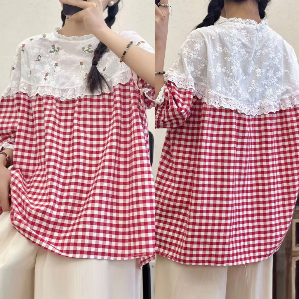 BLUS KATUN KOTAK MERAH KREM OVERSIZE BAHU KATUN BRUKAT PUTIH BORDIR BUNGA KOREA IMPORT