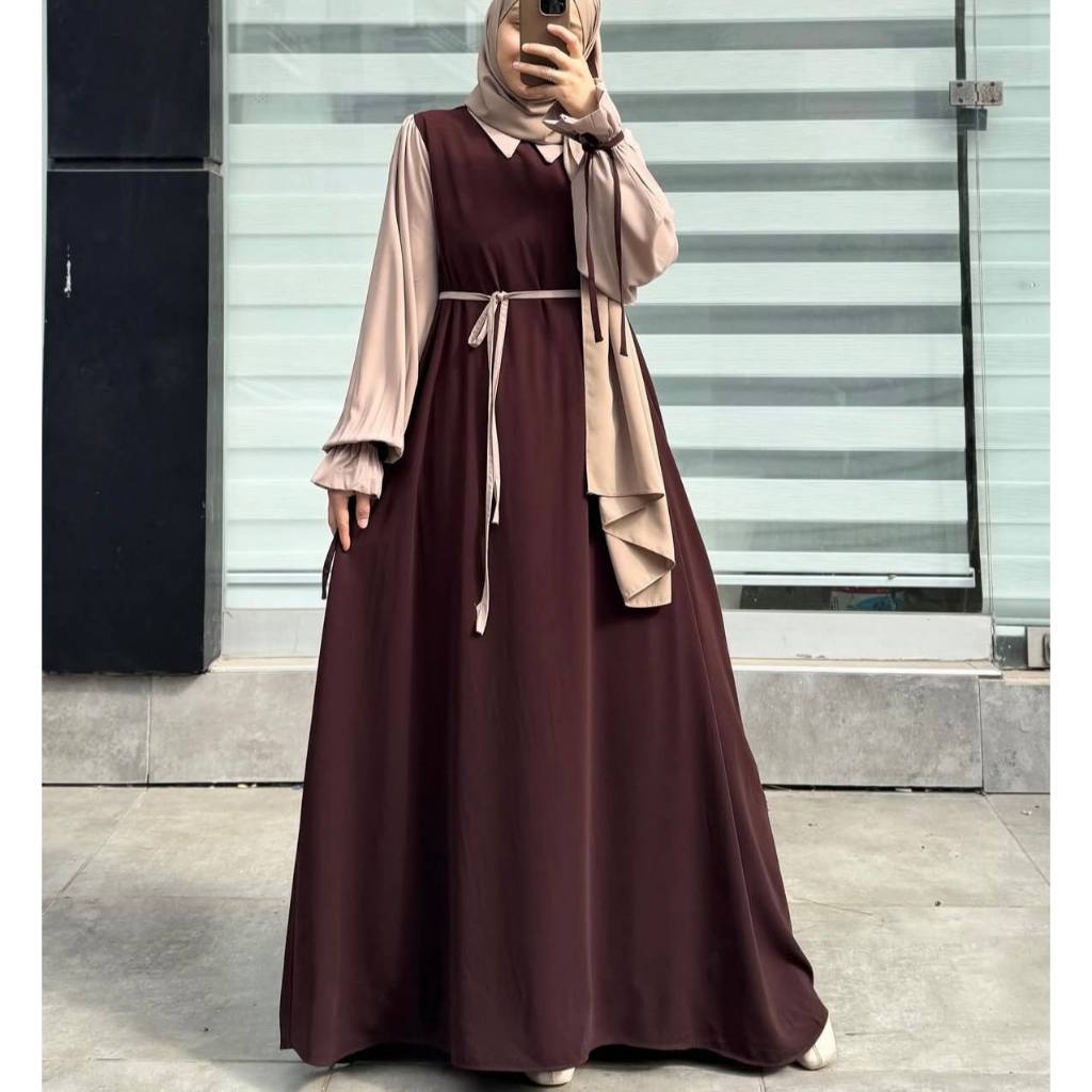Zamira Dress Gamis Coklat Mocca Elegan | Gamis Muslimah Modis Polos Kombinasi Warna Tone Kekinian