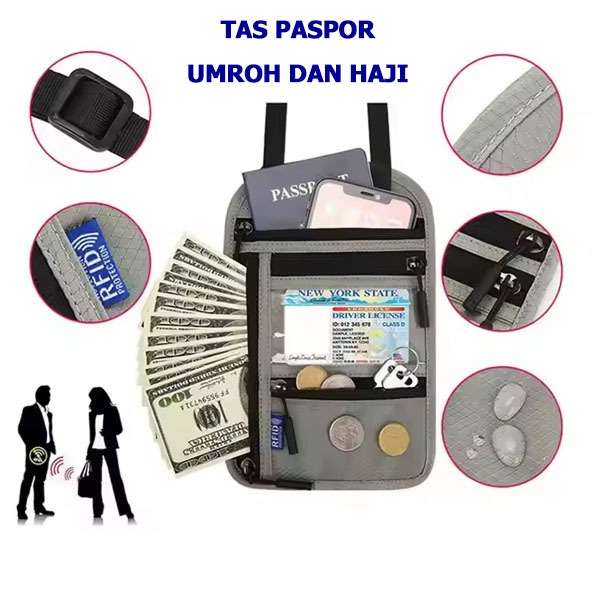 Tas Paspor Selempang Umroh dan Haji RFID Passport Bag Travel Neck Dompet Paspor