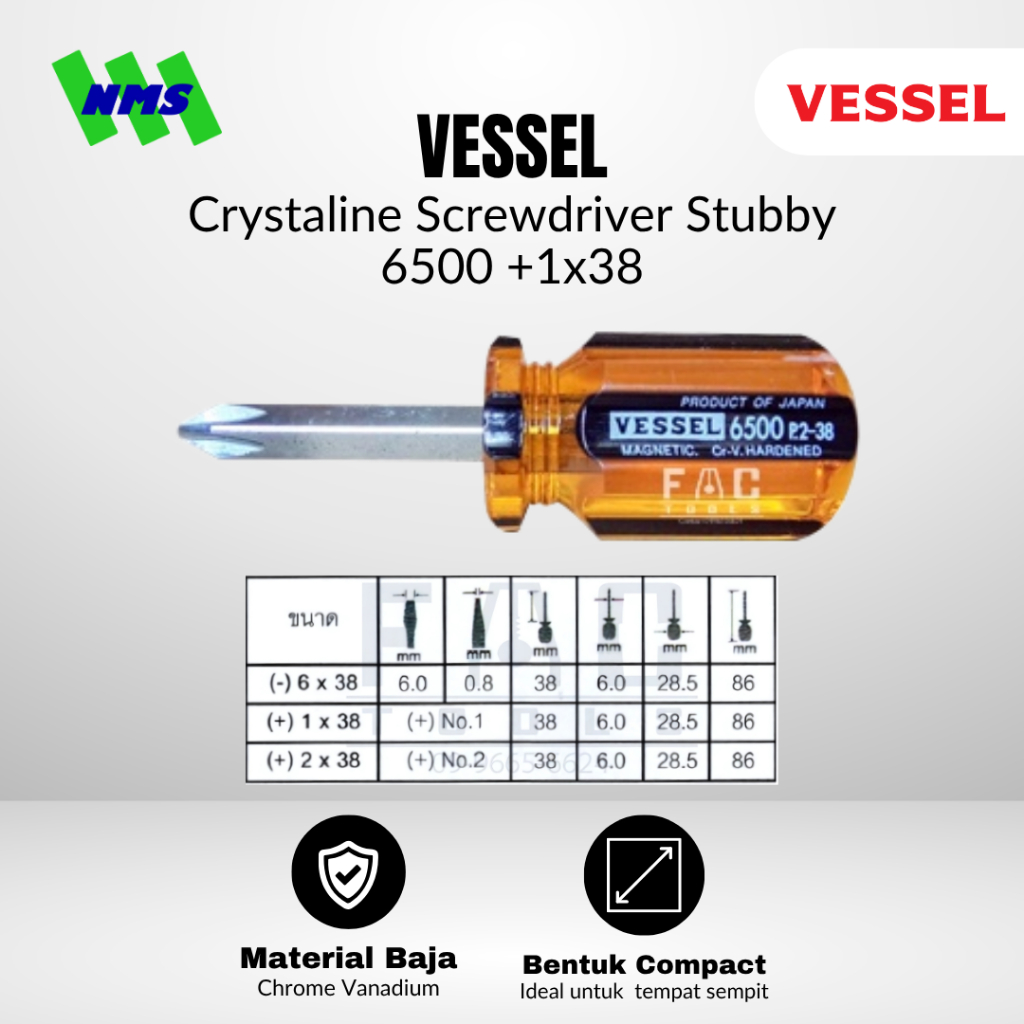 Obeng Pendek VESSEL 6500 Crystaline Screwdriver Stubby Bantet Cebol Plus Kembang