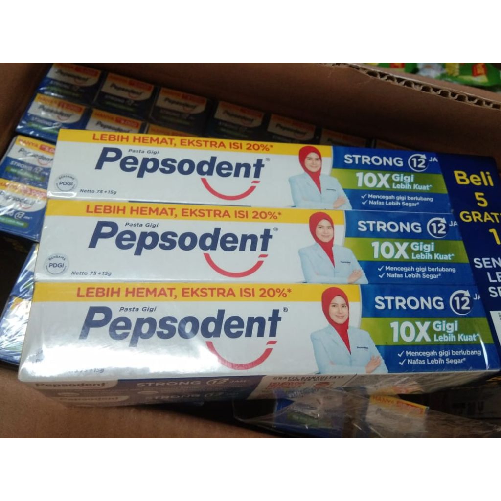 PROMO 1KARTON/DUS PASTA GIGI PEPSODENT STRONG 75+15GR ISI 12/6pcs [10x MELINDUNGI GIGI LEBIH KUAT]