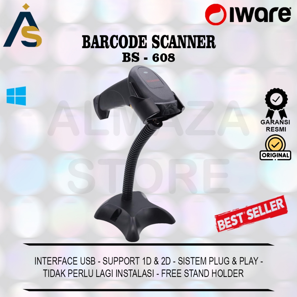 Scanner Barcode 2D QRcode IWARE BS-608 / BS608 USB Wired With Stand