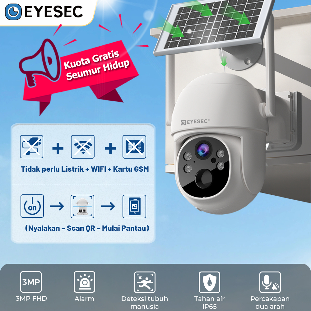 Adios - [Tidak Perlu Listrik/WIFI/Simcard] EYESEC CCTV 4G Tenaga Surya Weatherproof CCTV+Free Paket