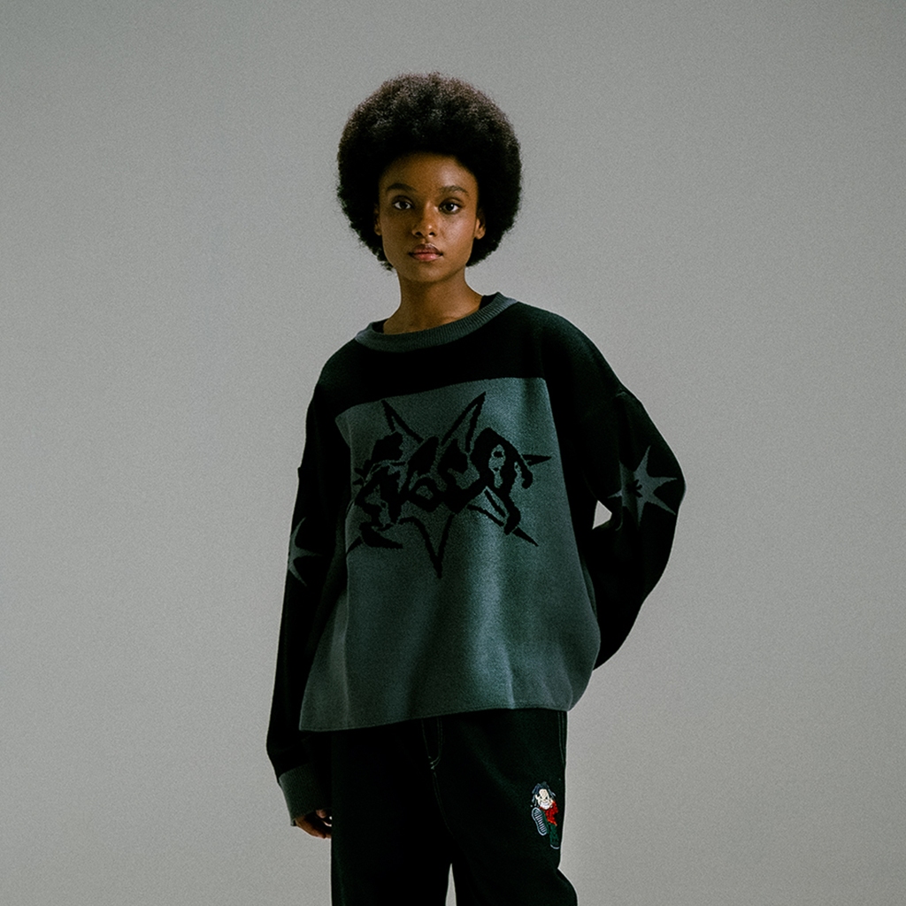 Figco - Knitted Boxy Crewneck Knitwear Sweatshirt Noir Grey