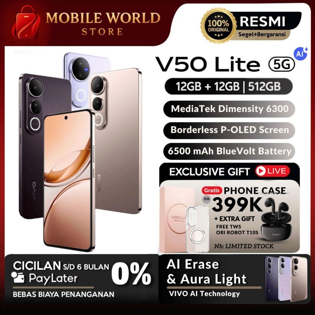 VIVO V50 LITE RAM 12/512GB | GARANSI RESMI | INTEGRITY | DIMENSITY 6300 | BATERAI 6500 mAh