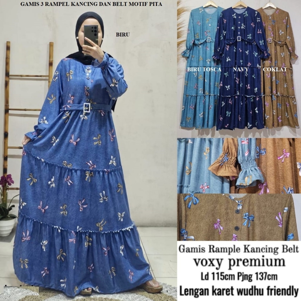 Gamis Jumbo 3 rampel motif corak pita lengan karet bisa wudhu tali belt pinggang kombinasi kancing l