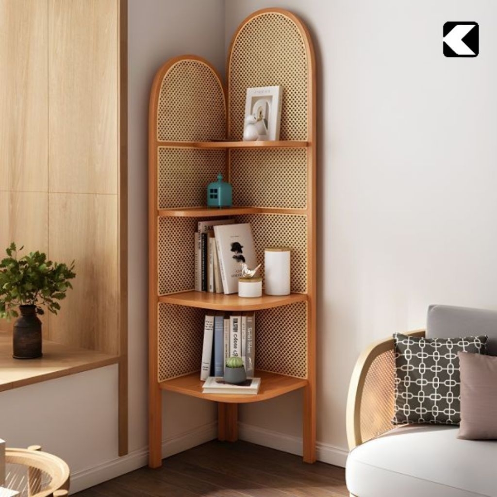 RAK SUDUT ROTAN MINIMALIS RAK BUKU ROTAN RAK SERBAGUNA RAK SUDUT KAYU JATI