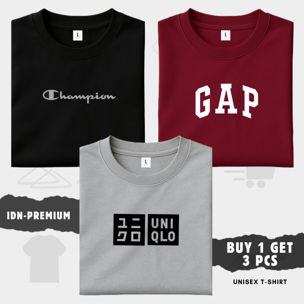 BUY 1 GET 3 PCS - Kaos Distro Pria Wanita T-Shirt Lengan Pendek - Champ Silver - Logo G A P Putih - 