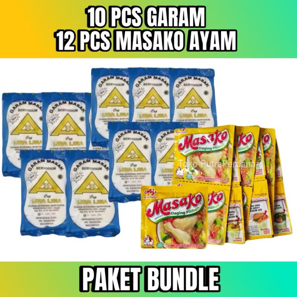 

PAKET HEMAT 10 PCS GARAM 100gr + 12 PCS / 1 LUSIN MASAKO RASA SAPI UKURAN 8GR PENYEDAP RASA Masakan Instan Ayam