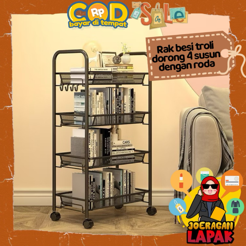 [JOERAGAN LAPAK] RAK DORONG BESI 4 SUSUN DENGAN RODA PENYIMPANAN SERBAGUNA BUKU ALAT TULIS DAPUR KAM