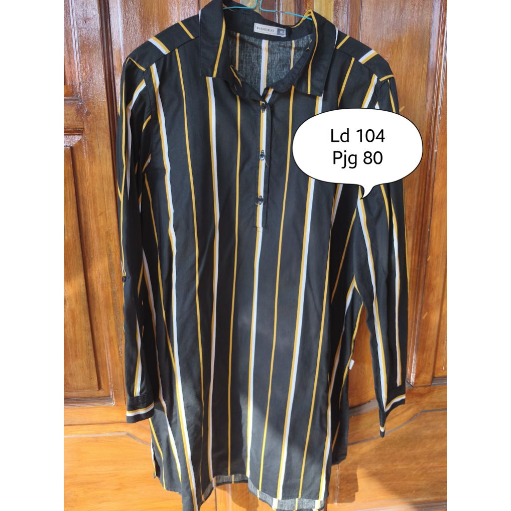 KEMEJA TUNIK WANITA RODEO GARIS HITAM SIZE XL - PRELOVED
