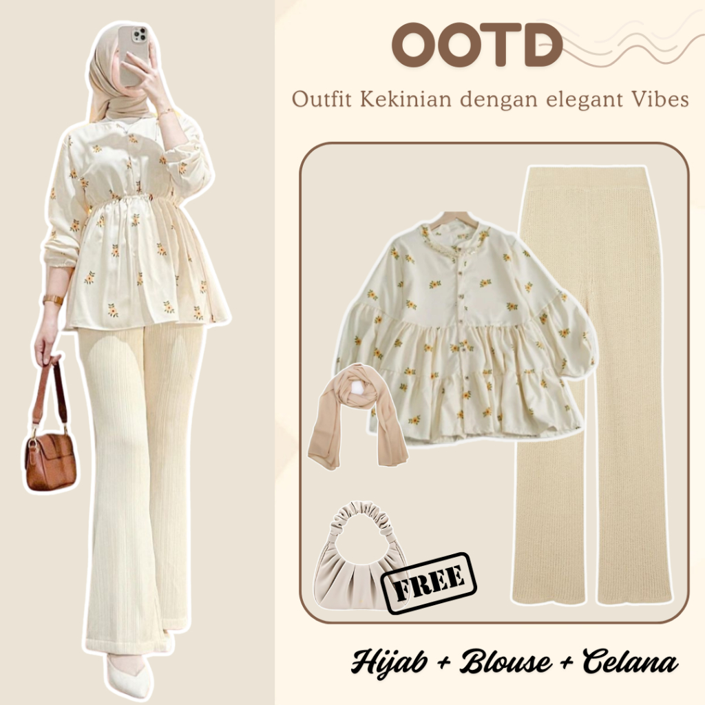 One Set Wanita Kekinian Korean Style Knitwear Set (Blouse, Celana Cutbray, Hijab dan Tas) GG003