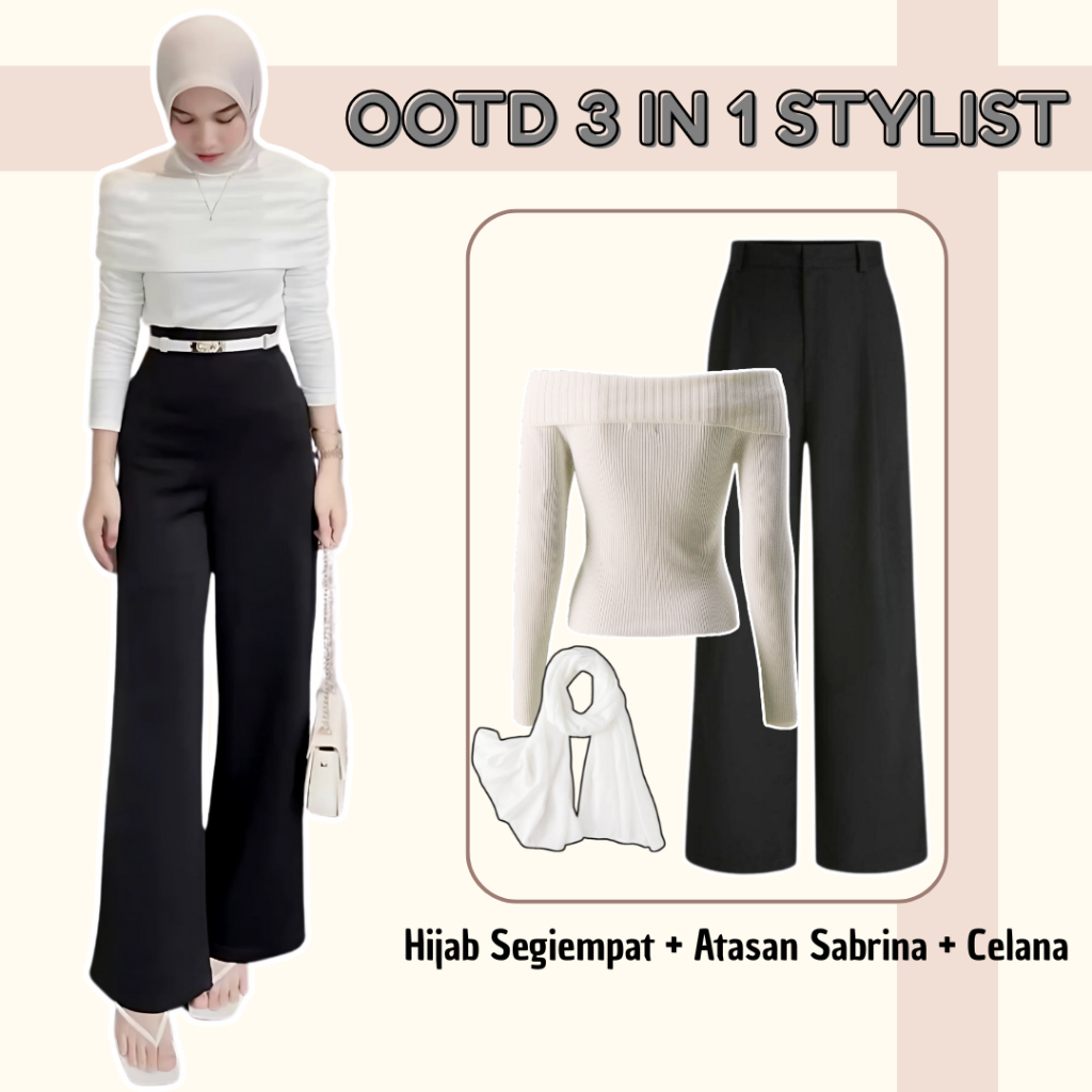 Outfit One Set Korean Style Kekinian Simpel ( Atasan Sabrina + Celana Knit + Hijab Segiempat ) GG001