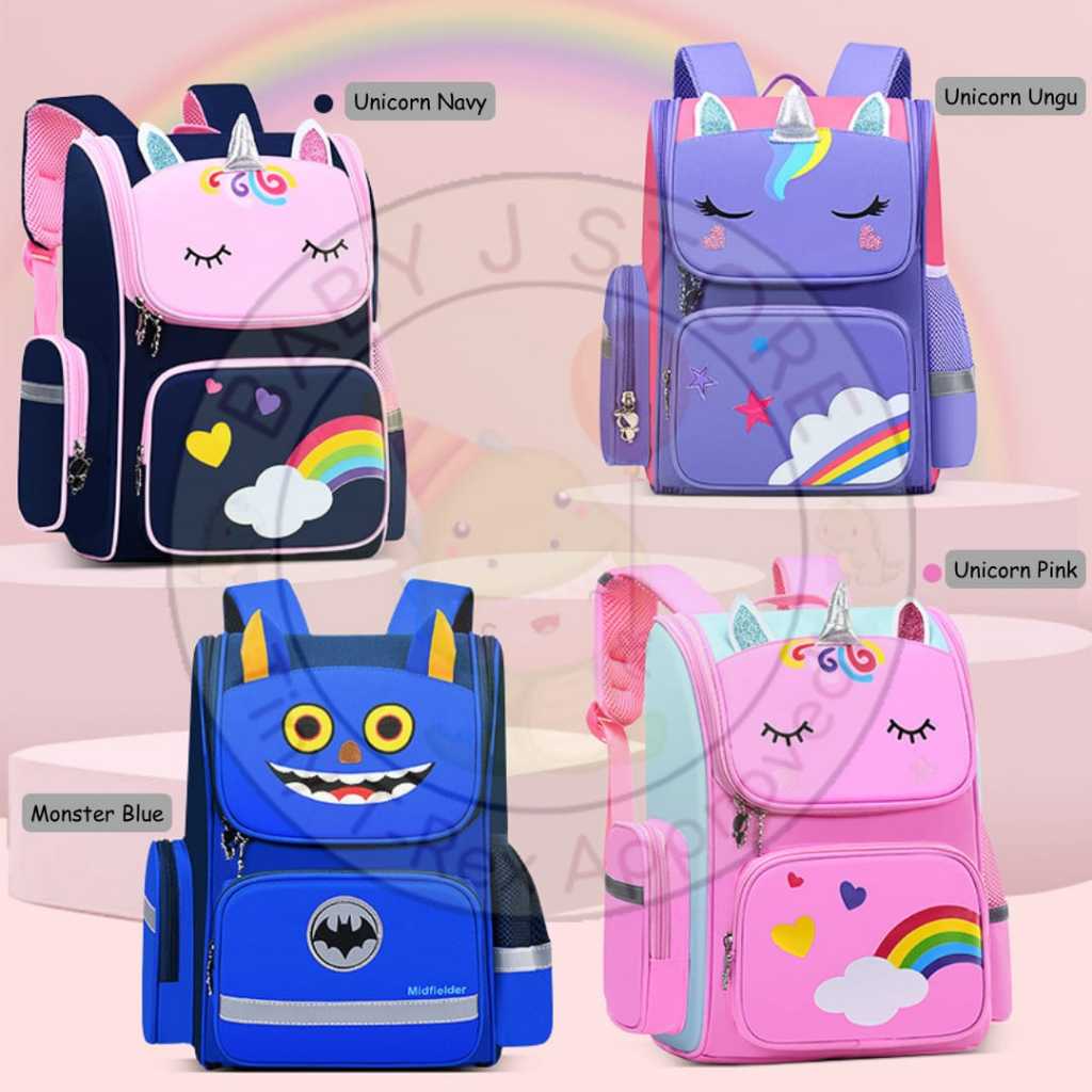 

[Baby J] Tas Sekolah Anak TK SD - Ransel Unicorn & Monster Lucu Anti Air Backpack Anak Lucu