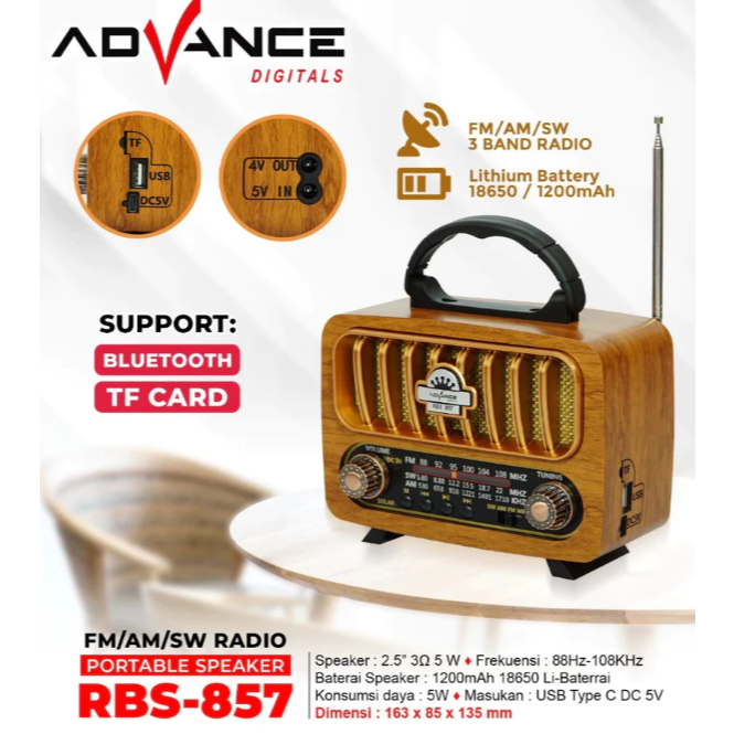ADVANCE RADIO PORTABLE SPEAKER FM/AM/SW BLUETOOTH USB TF CARD RBS 857