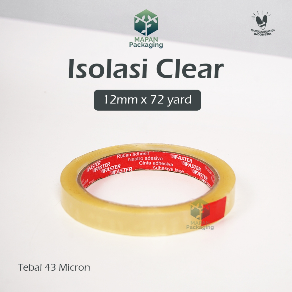 

FASTER Isolasi / Lakban / Selotip / OPP Tape Bening / Clear 12 mm x 72 yard (1/2 Inch / 1/2” x 72yd) Full