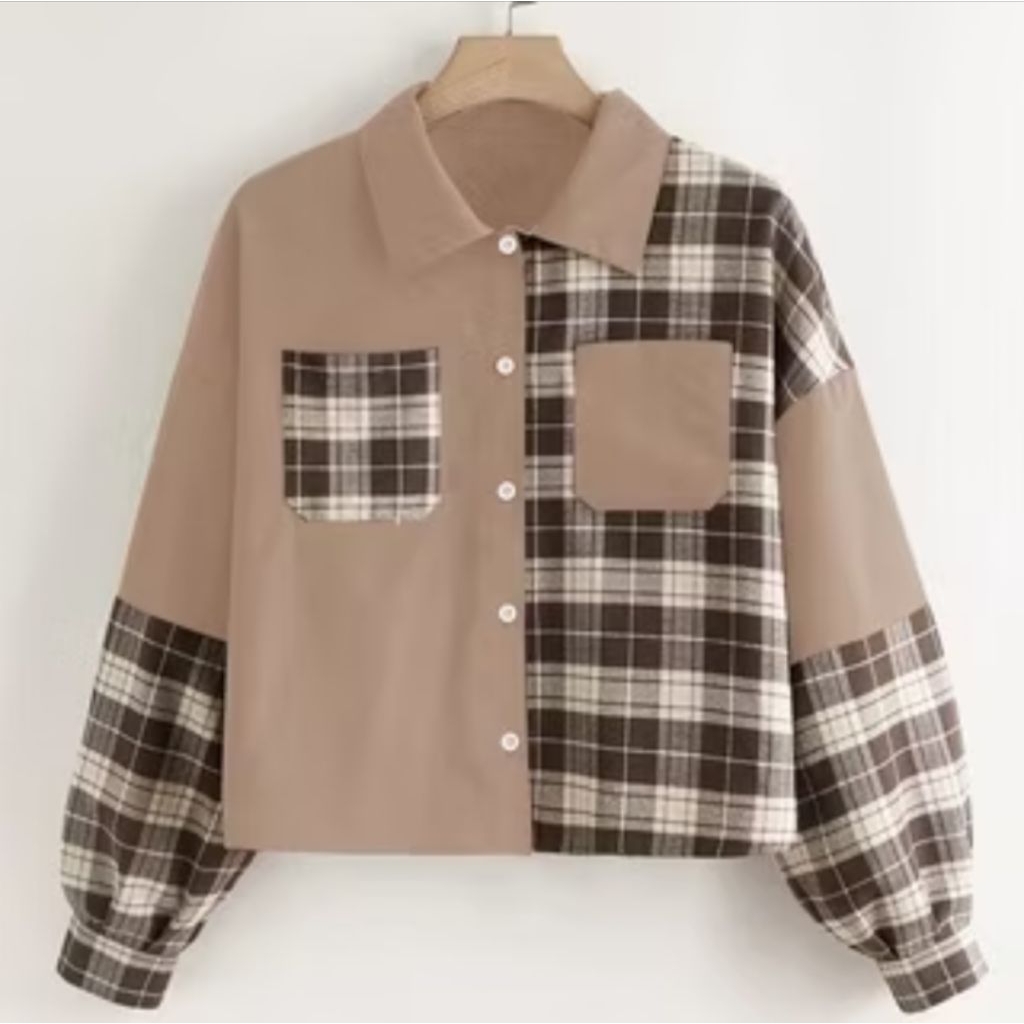 Atasan Kemeja KotakTwo Tone Shirt Crop PURIN TOP PLAID BLOUSE