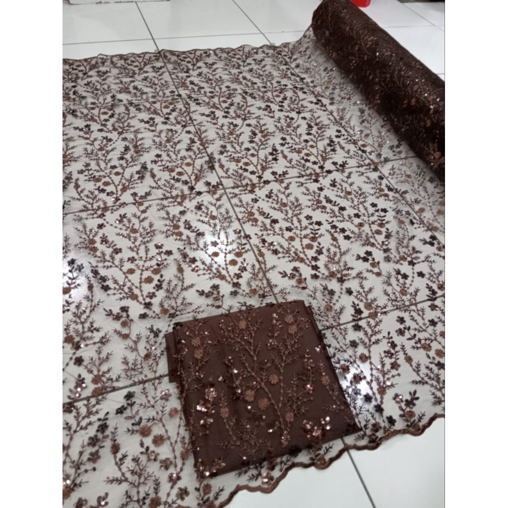 BAHAN / KAIN TILE BORDIR PAYET SQUIN / MOTIF AKAR RAMBAT