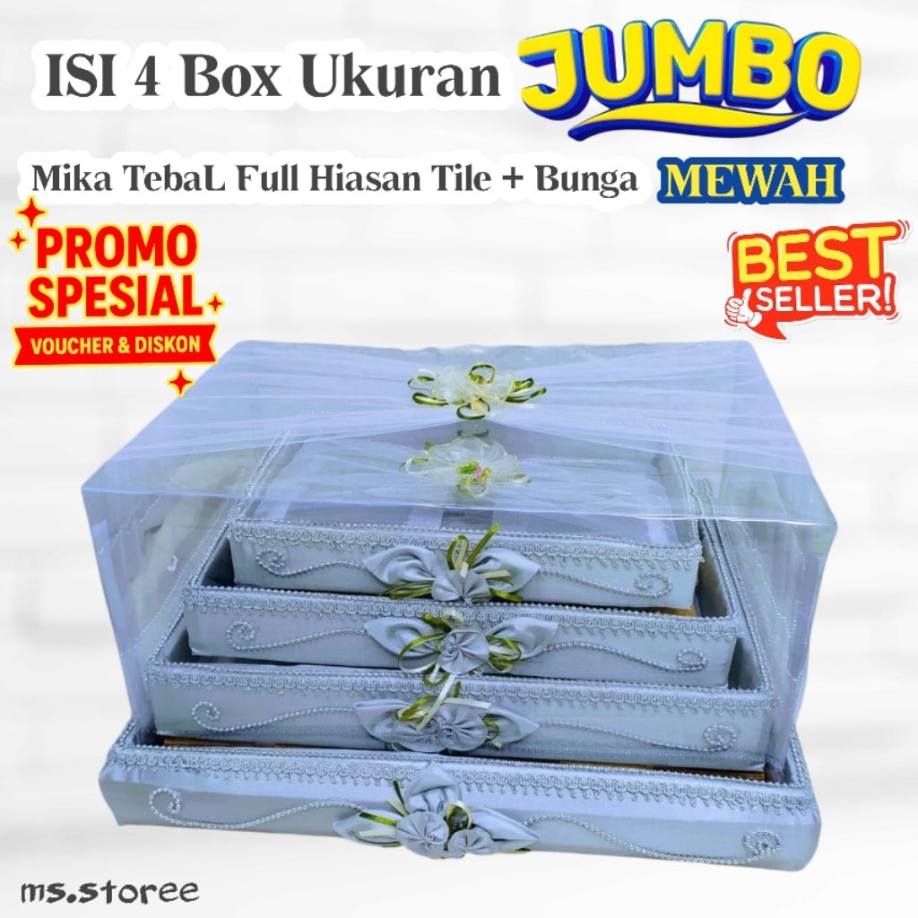 

Kotak Seserahan Nikah Jumbo Mika tebal Full Hias Bunga Tile Isi 4 Box Jumbo Siap Pakai