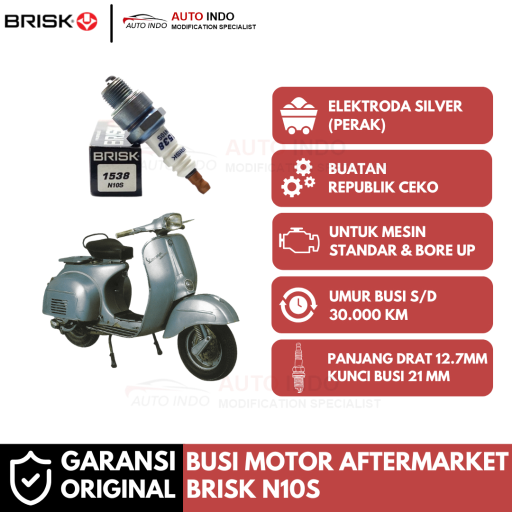 Busi Motor Brisk Silver Racing N10S untuk Vespa PX 2 Tak Exclusive Pengapian Maksimal