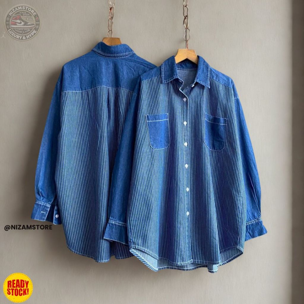 Kemeja Denim Wanita Motif Garis Vertikal Bahan Washjeans Premium | Kemeja Tunik Oversize Lengan Panj