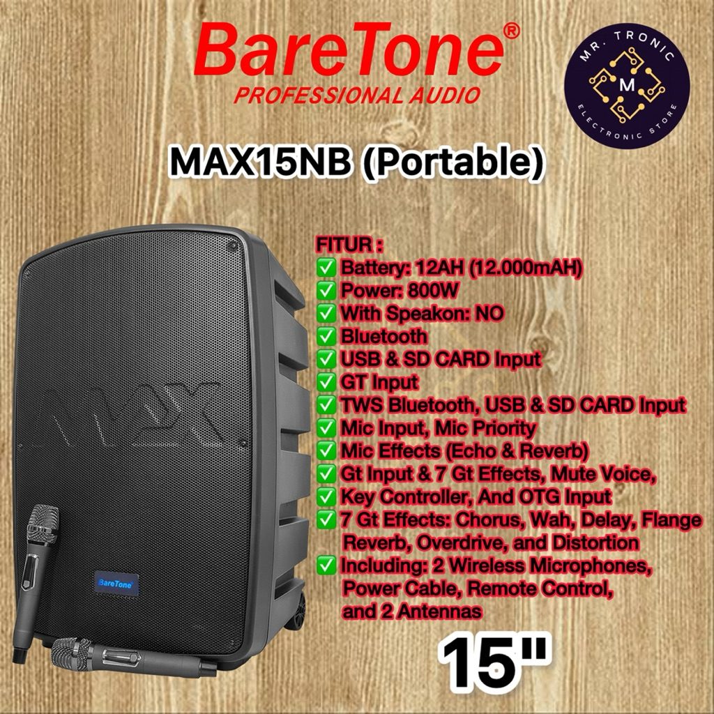BARETONE AUDIO PORTABLE SPEAKER 15 INCH | MAX15NB