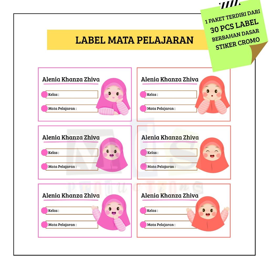 

30 PCS STIKER LABEL MATA PELAJARAN ANAK PEREMPUAN HIJAB MUSLIMAH