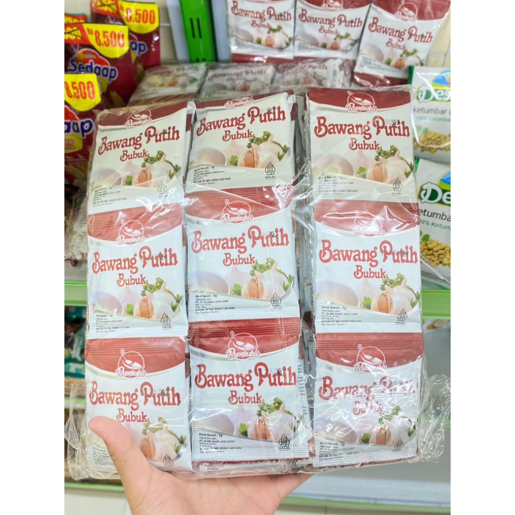 

Bawang Putih Bubuk Bumbuku 5g 1renceng/12pcs Tersedia (3renceng, 5renceng)