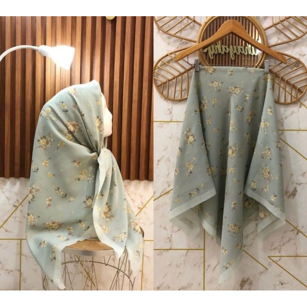 KERUDUNG SEGI EMPAT HIJAB MOTIF SUBLIME KODE 242 BUNGA MINT KUNING