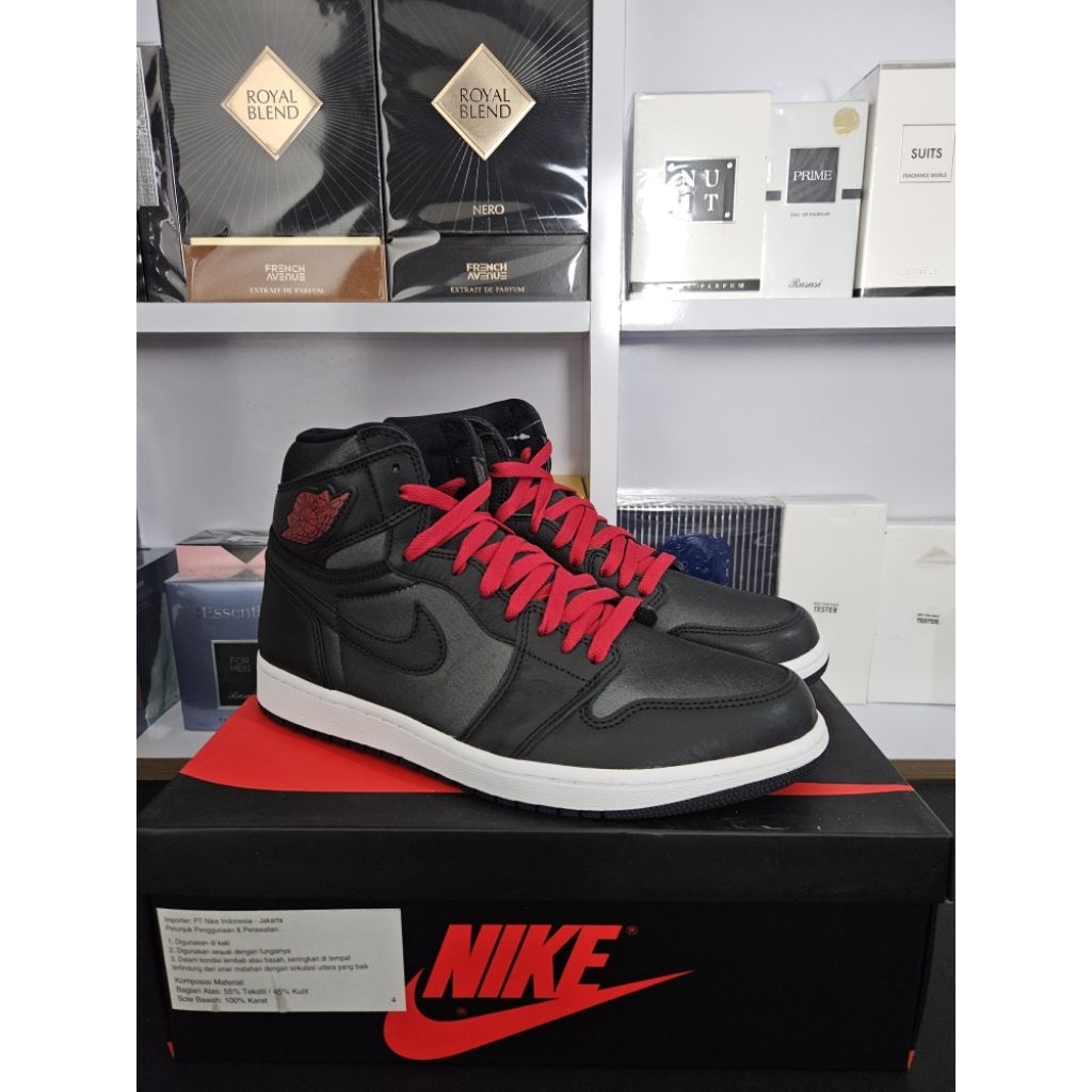 Sepatu Nike Air Jordan 1 High Black Satin Gym Red Original BNIB