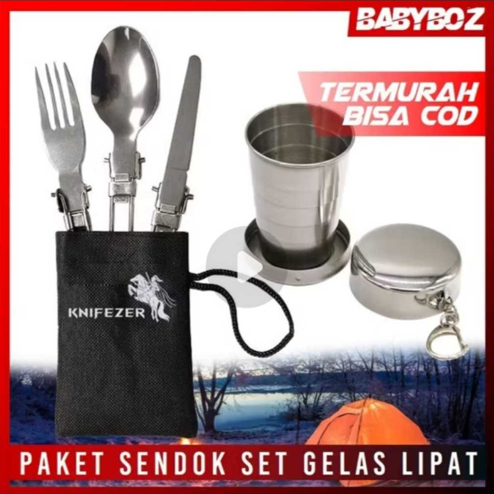 PAKET KNIFEZER Sendok garpu pisau lipat GELAS SET portable stainless steel CAMPING OUTDOOR TRAVEL